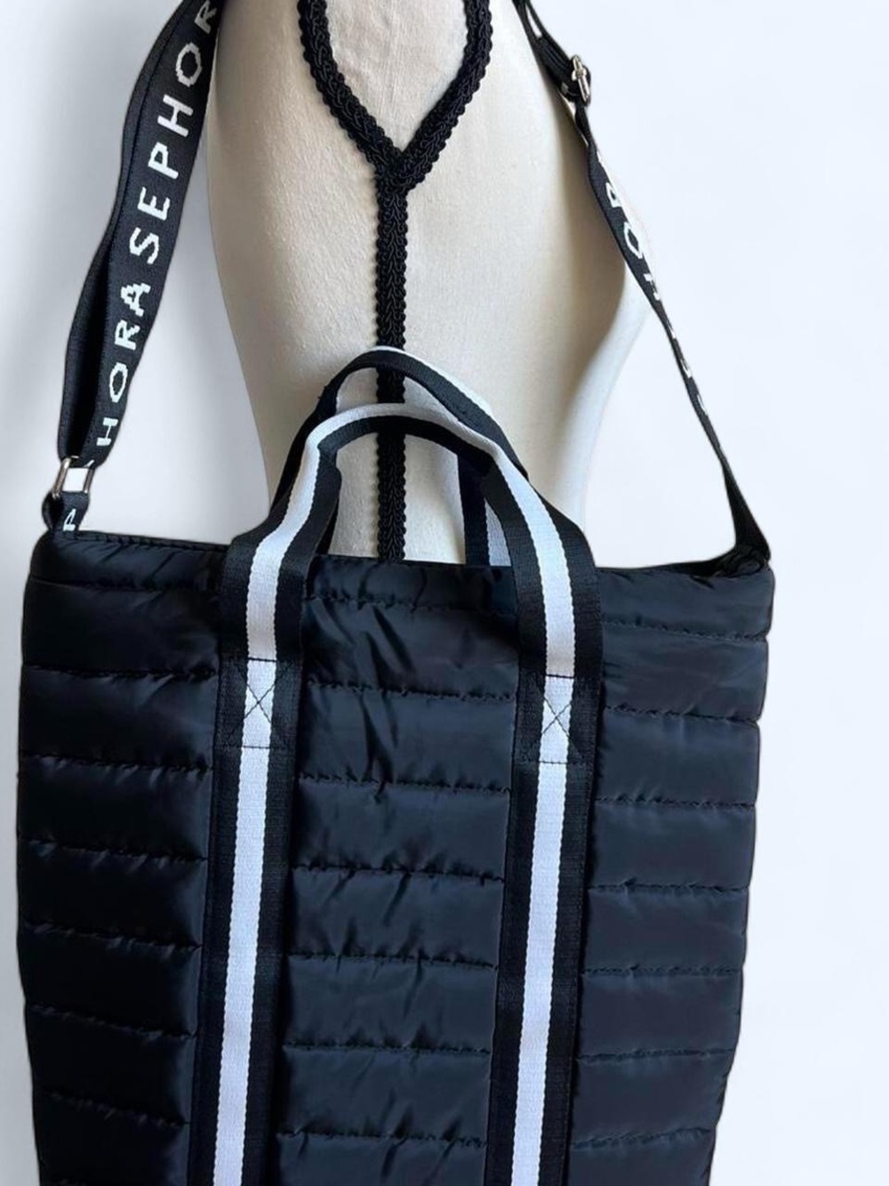 Sephora Black Puffy Puffer Quilted Large Crossbody Tote Travel Vacation Bag